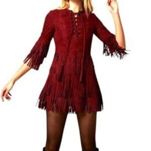 Choosy Burgundy Red Vegan Suede Tassel Corset Neckline Fringe Mini Dress Size XS